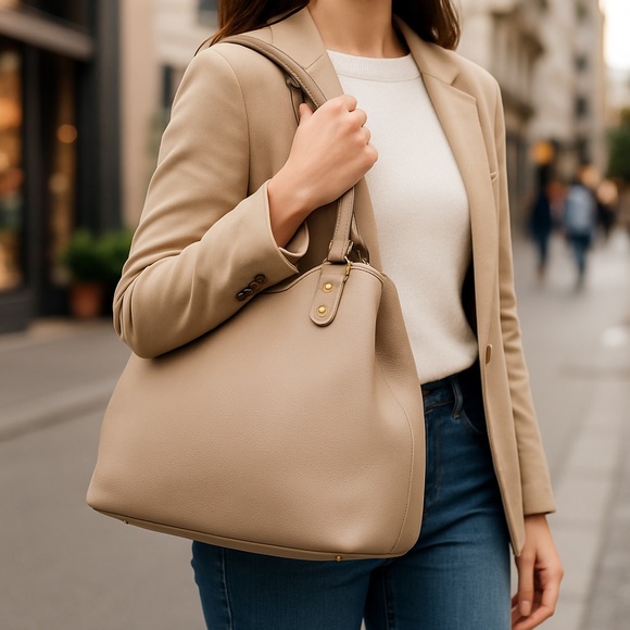 Taupe Vegan Leather Shoulder Bag Minimalist Work Satchel Tote Organizer Purse - Picture 2 of 6